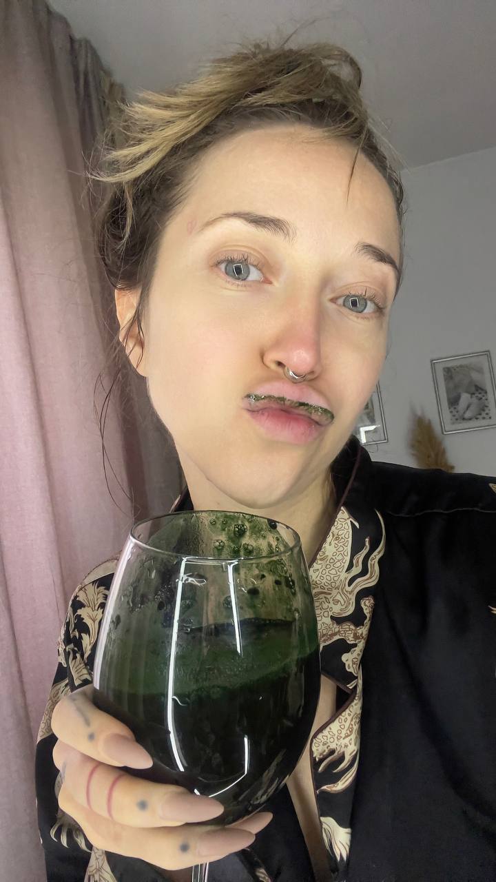 Natali Raievska selfie sent via Telegram — green juice